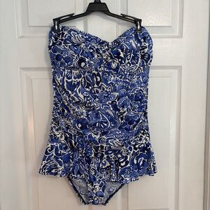 Ralph Lauren Women’s Blue White Lined Underwire Ruched Swim Pool Suit,  Size  16